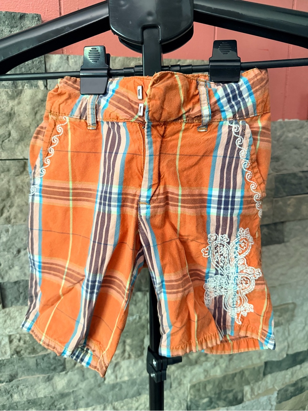 Old Navy boys Plaid Shorts Orange Blue Paisley Embroidered Bermuda Size 6